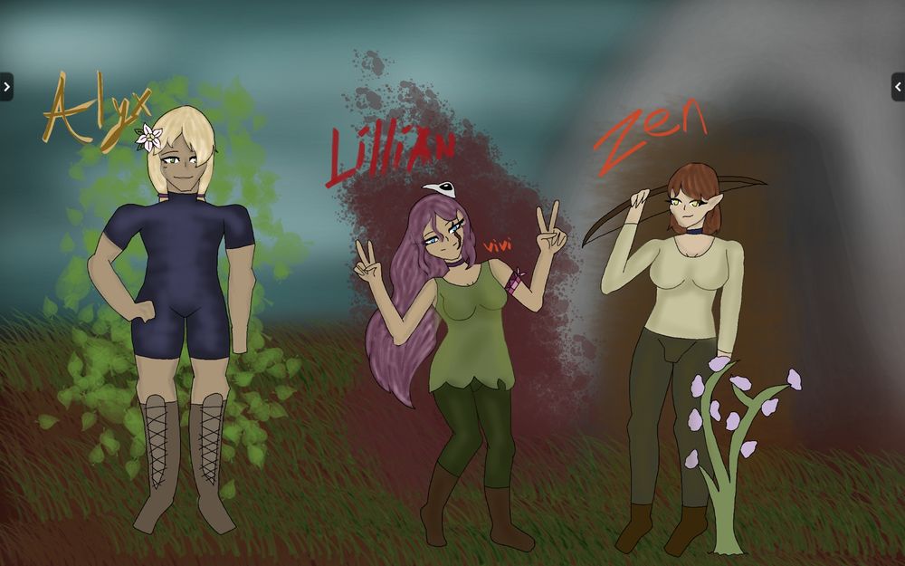 Cave-ish trans women

Blonde, green eyes, flower in her hair, blue bodysuit, no bulge, no breasts  (Alyx)

Purple hair, blue eyes, green tinkerbell dress type shirt, green pants, medium breasts, no bulge (Lillian)

Short brown hair, gold eyes, elf, yellow long sleeve shirt, dark yellow pants, large-ish breasts, yes bulge 

I'm sick asf so alt is a lil incomplete