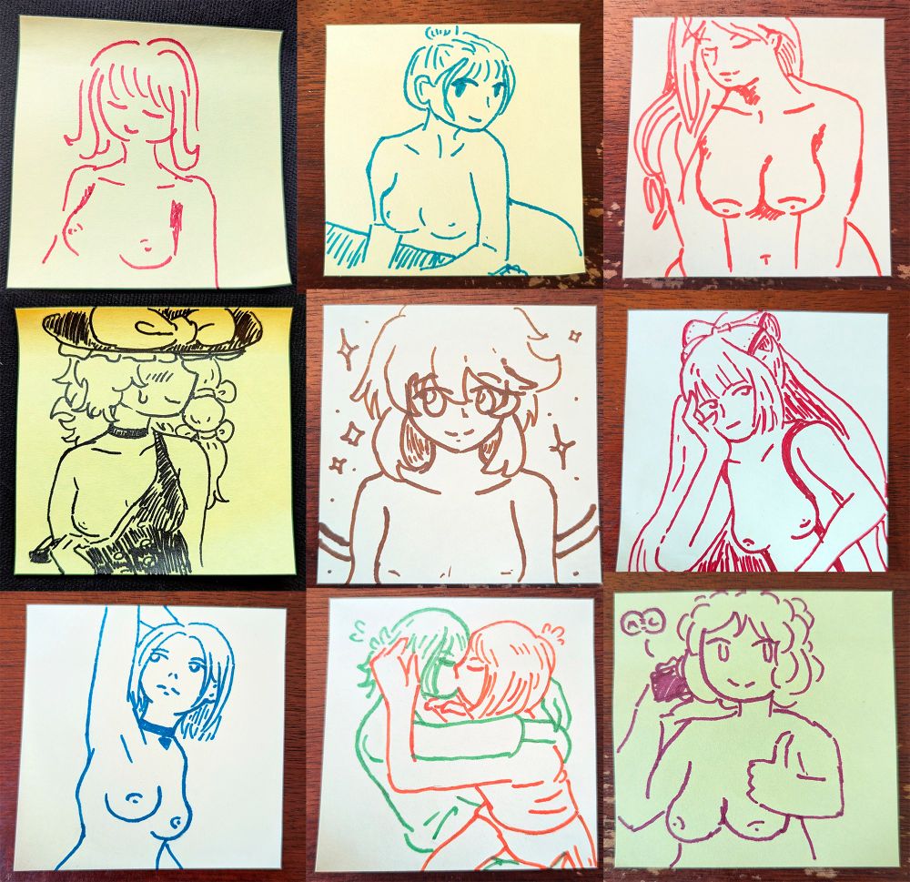 a collage of several sticky notes with marker art. each one features a nude woman in various poses, except for one that shows two clothes women making out. characters from touhou and zero ranger are also included