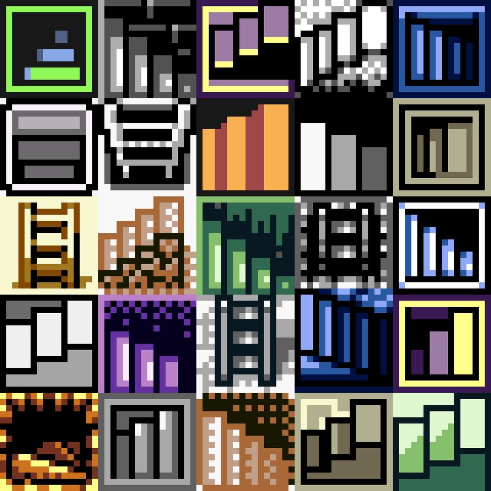 several sprites of stairs and ladders from game boy and game boy color games, arranged in a grid. from left to right, top to bottom, the games are:

1. bomberman quest
2. cave noire
3. links awakening
4. fuurai no shiren
5. telefang
6. little magic
7. the frog for whom the bell tolls
8. quest rpg: brian's journey
9. pokemon yellow
10. dragon warrior monsters
11. dragon warrior monsters
12. mystical ninja starring goemon
13. cave noire
14. magic knight rayearth
15. guruguru garakutas
16. final fantasy legend
17. void stranger
18. magic knight rayearth
19. telefang
20. links awakening
21. links awakening
22. legend
23. mystical ninja starring goemon
24. dragon warrior monsters
25. pokemon yellow