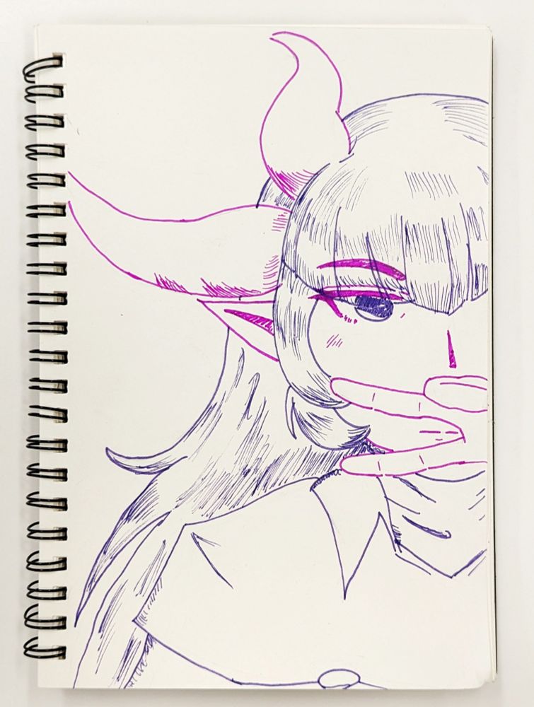 pen art of Cif from Void Stranger in pink and purple. they're standing with a dull emotion, holding a peace sign in front of their face. they have long hair and two massive horns