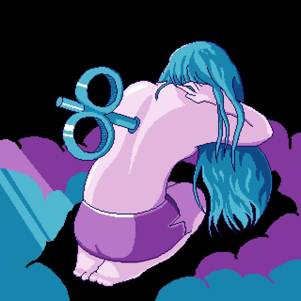 pixel art in purples and blues. shows a woman from behind, kneeling and bent over. she uses a hand to hold back her long hair, revealing a shining metal windup key in her back.