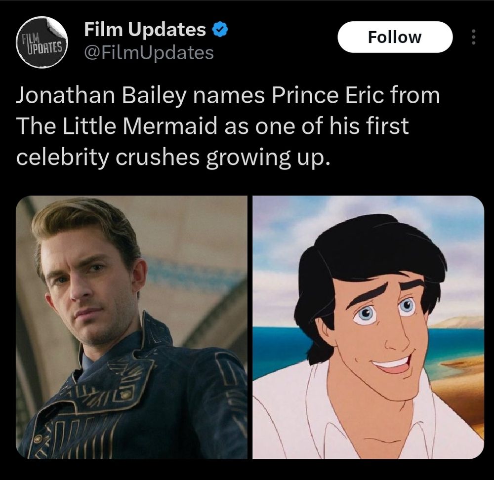 A screenshot of a tweet which says, "Jonathan Bailey names prince Eric from the little mermaid as one of his celebrity crushes growing up."
