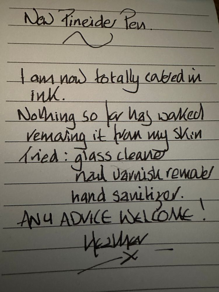 Writing asking for advice on getting fountain pen ink off skin