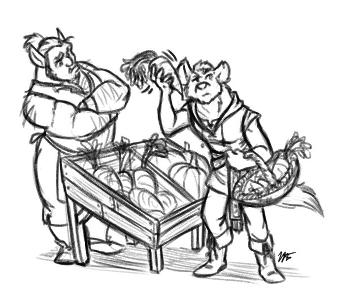 Center: Small produce stand
Left: orc grocer with folded arms looking confused
Right: Arri the hyena with shopping basket, expression of concentration has he holds a large carrot up to his ear
Art: @briarsthorne