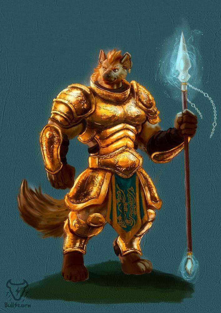 Anthro hyenoid in a heroic pose, wearing embossed golden armor and holding a glowing magic spear in his hand.