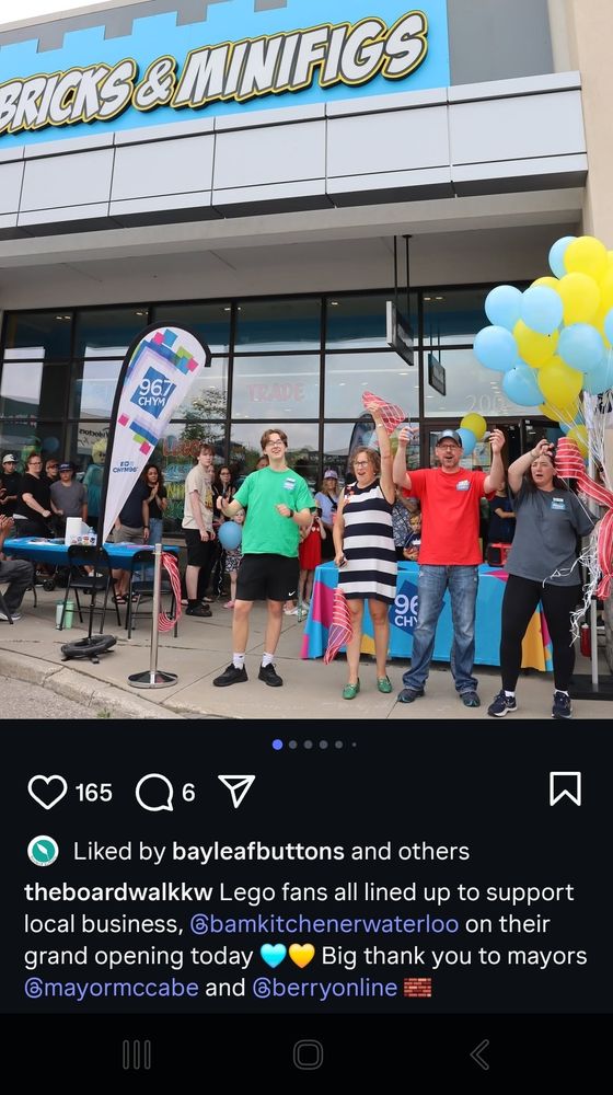 A screenshot of Instagram post of a Lego store opening in Kitchener. It refers to the huge lineup for the opening but somehow fails to make the joke "People were lined up for blocks" 