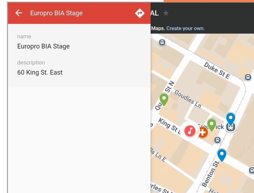 Map shows location of BIA Stage at 60 King St East Kitchener