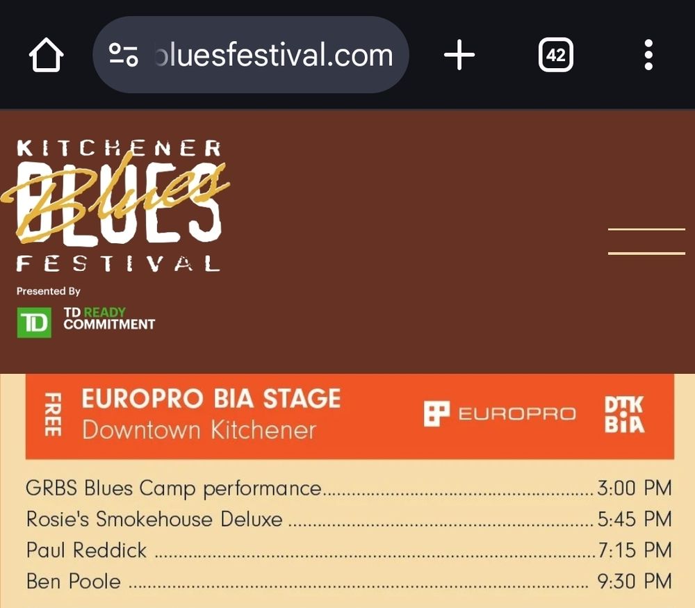 Schedule shows time of Grand River Blues Camp performance at Kitchener Blues Fest 3pm on the Europro BIA stage