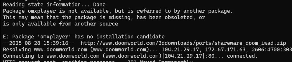 Errors from running the dczia_setup.sh script:

Reading package lists... Done
Building dependency tree... Done
Reading state information... Done
Package omxplayer is not available, but is referred to by another package.
This may mean that the package is missing, has been obsoleted, or
is only available from another source

E: Package 'omxplayer' has no installation candidate