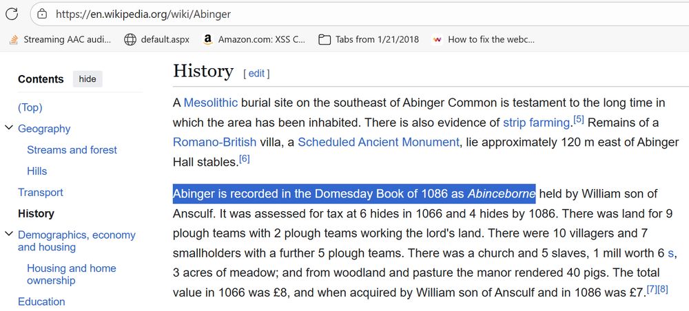 Section of the Wikipedia page on Abinger, observing that it's recorded in the Domesday Book as Abinceborne.