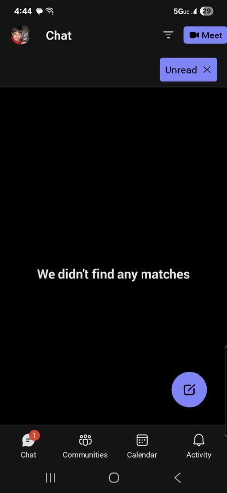 Microsoft Teams, with the Chat tab open, filtered to "Unread". Despite the "1" indicator, it also says "We didn't find any matches". 