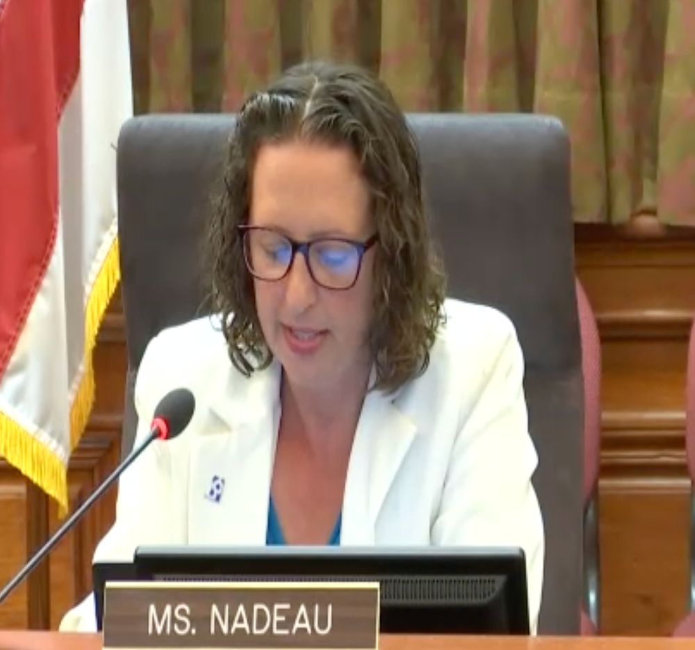 Councilmember Brianne K Nadeau speaks into a microphone on the dais in the Council chamber of the John A Wilson Building