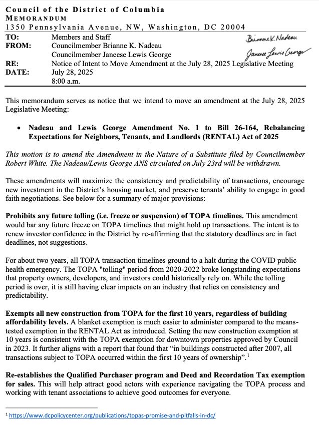 Screenshot of notice of Nadeau and Lewis George amendment to RENTAL Act of 2025