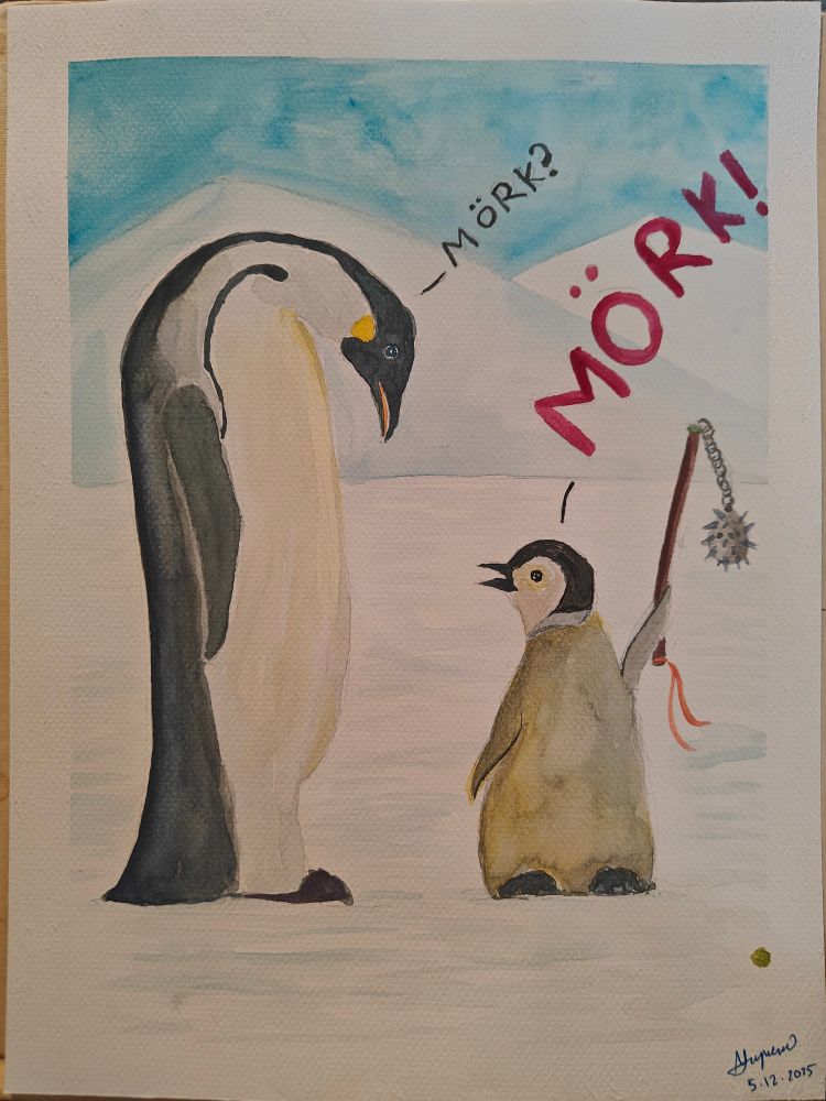 A parent penguin tentatively asks, Mörk? A baby penguin enthusiastically answers, MÖRK! while wielding a mace