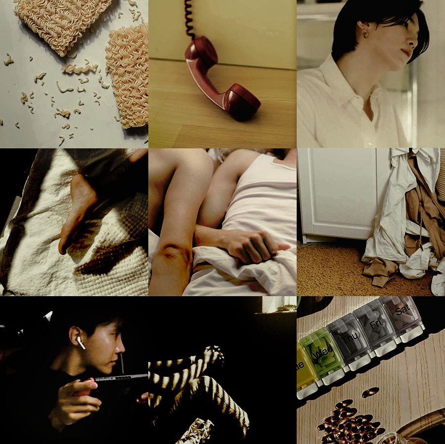 a moodboard in 3x3 configuation. the lighting and colours are so that the bottom left is dark and covered in shadow while the top right is brighter, warming yellow and beige. red is an accent colour.
images top to bottom, left to right: raw ramen scattered, a red landline phone hanging off the cradle, yoongi with dark hair and a white button down shirt staring with his head tilted, someone's feet on a mattress with sunlight falling on them, two people in bed (one shirtless, one in a tank top) lying side by side, a white cupboard with clothes spilling out in a messy way, hoseok with AirPods in and holding a Nintento Switch, a person sitting in front of a window with bits of sunlight falling through the blind slats, a weekly medication pillbox with some medicines on the table surface. 