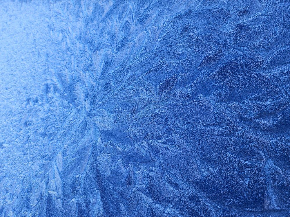 Frost crystals making a pattern like leaves on a blue background