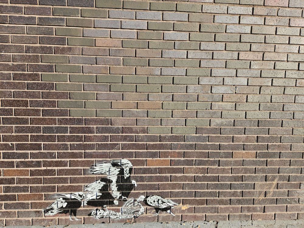 A graffitti stencil of vultures picking over bones in black and white at the bottom of a dark brown brick wall.