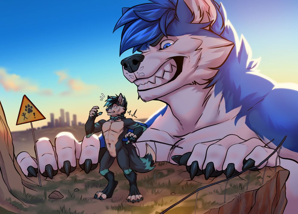 My sona standing at a ledge of a cliff, next to me is a warning sign, as behind me is a huge, diabolically grinning bkue husky~