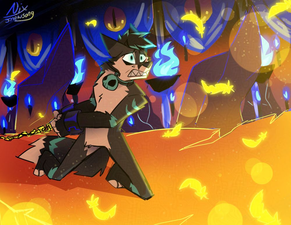 My sona in Blizo's position in the song mastermind, as he realizes that stolas is sacrificing himself for him 