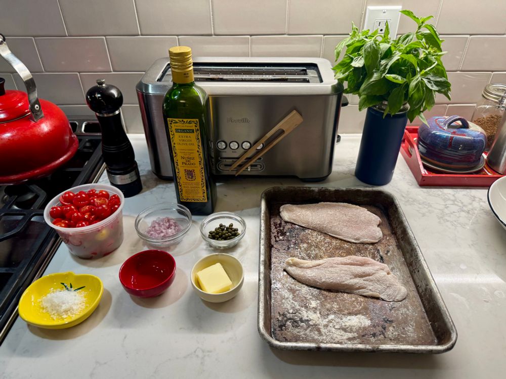 Chicken cutlets, basil, butter, capers, red wine vinegar, shallots, tomatoes, olive oil, salt, pepper