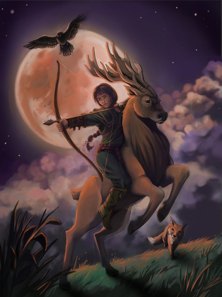 Archère montant un cerf devant une lune rousse. Elle est accompagnée d'un corbeau et d'un renard.