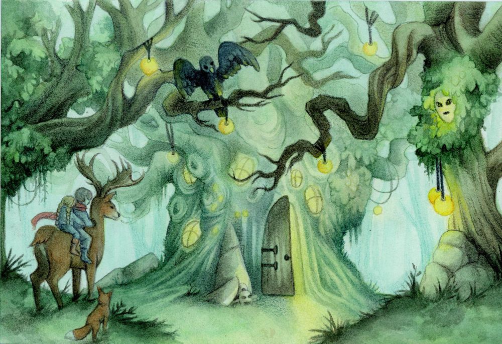 Enfants qui montent un cerf arrivent devant la cabane d'une sorcière. Ils sont accompagnés d'un renard et d'un corbeau.