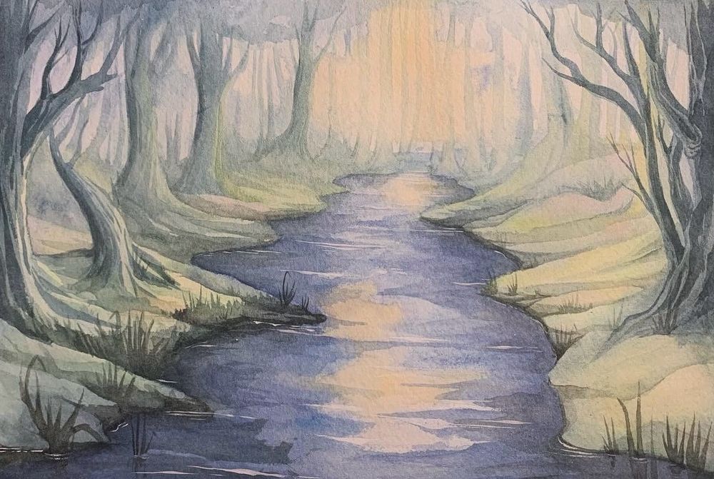 Peinture à l’aquarelle d’une forêt traversée par de l’eau et de la lumière