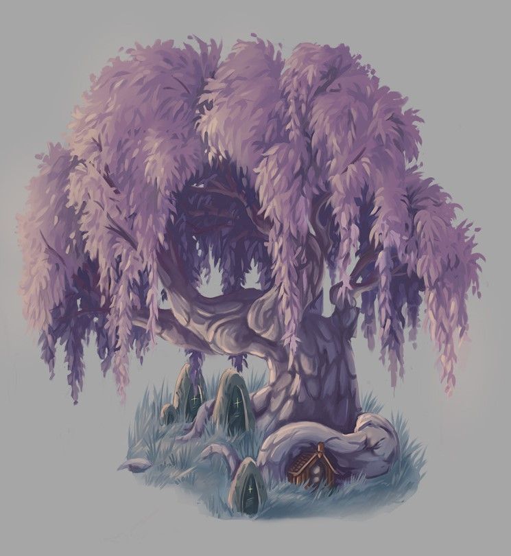 Arbre sacrée avec un petit temple et des pierres tombales entre les racines. Couleurs sont dans des teintes violettes et pastelles.