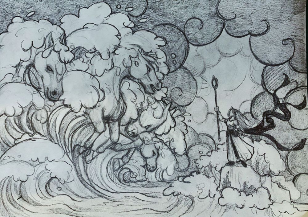 Croquis de cheveux galopant dans les vagues avec une femme tenant un bâton.