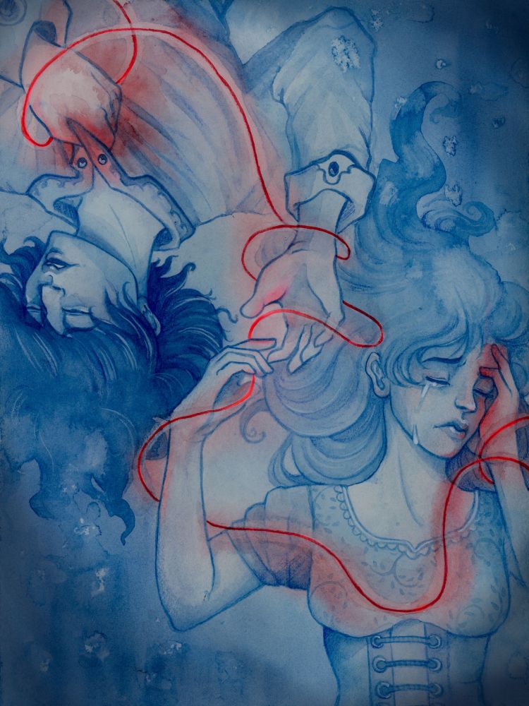 The young man is injured in the chest, the young woman in the head, deadly wounds that condemn them to a fateful destiny from which they cannot escape because the red thread of fate binds them together.