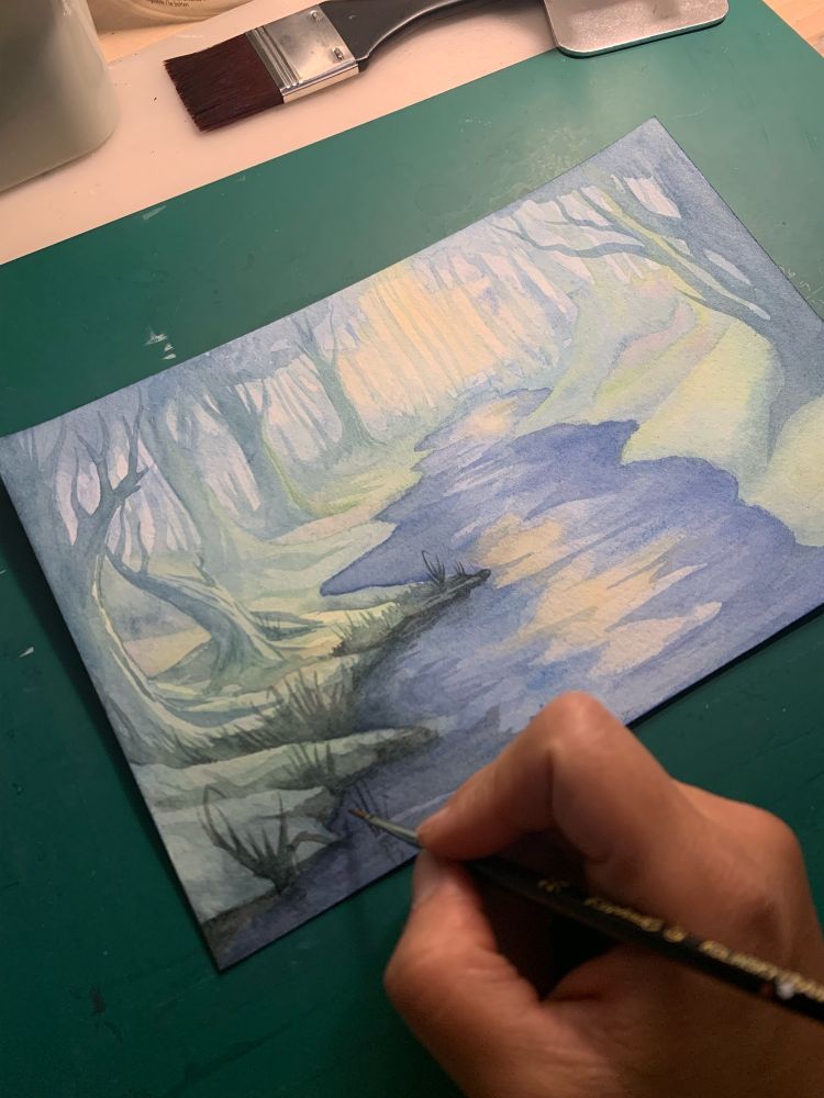 Peinture non terminée d’un paya sage de forêt traversée par une rivière