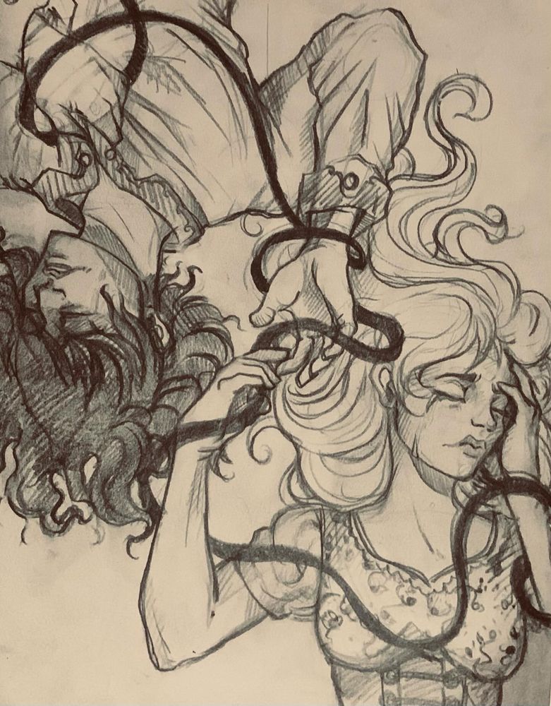 Deux amants qui se touchent du bout des doigts, reliés par un ruban sombre