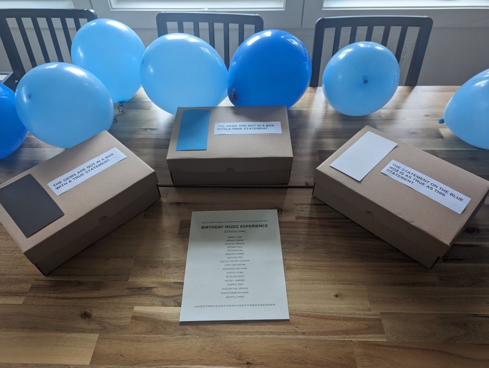 Blue balloons, parlor game boxes and a selection of songs for a Birthday Music Experience.