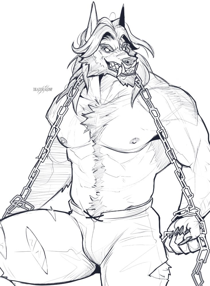 Black and white sketch of a werewolf with torn pants with a chain hanging from his neck and held around his hands.