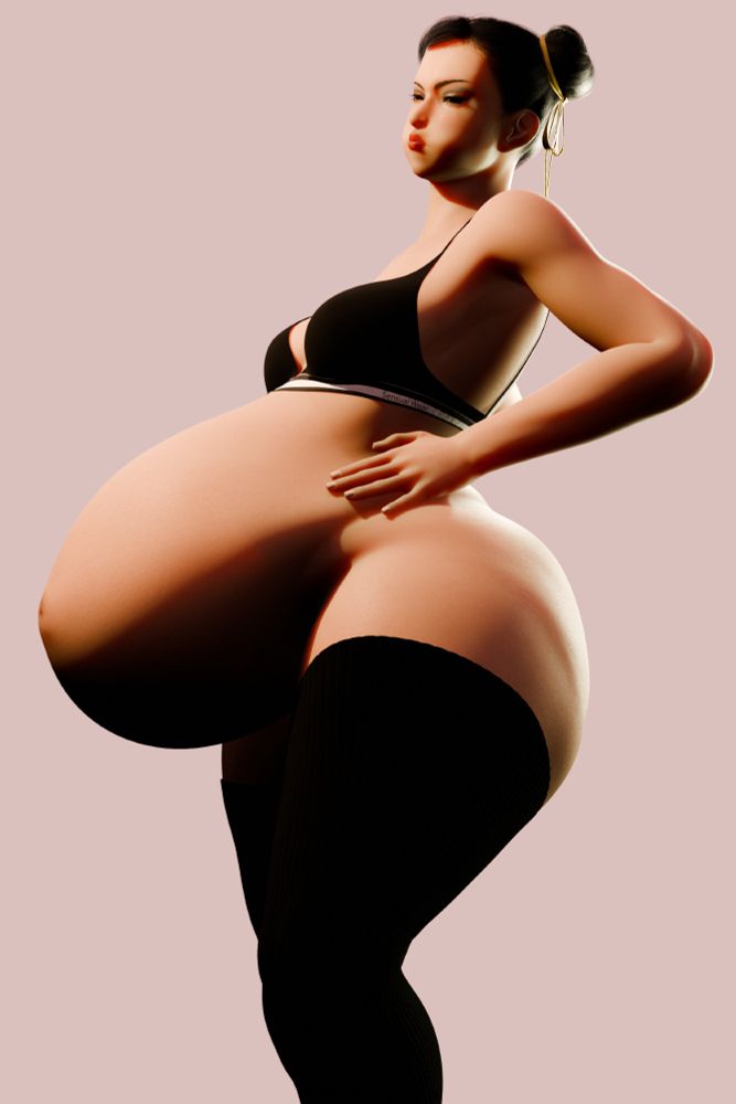 Chun-Li stands in front of a peach coloured background, heavily pregnant - her belly is massive and she is visibly struggling to walk around with it, her thighs are also enormous. Her hand is on her waist with a leg raised. She is also wearing a black sports bra with black thigh highs. 