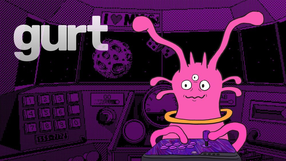 A three-eyed pink alien named "gurt"! He's wielding an arcade stick; in the background is the cockpit of a ship (taken respectfully from Cosmic Osmo).