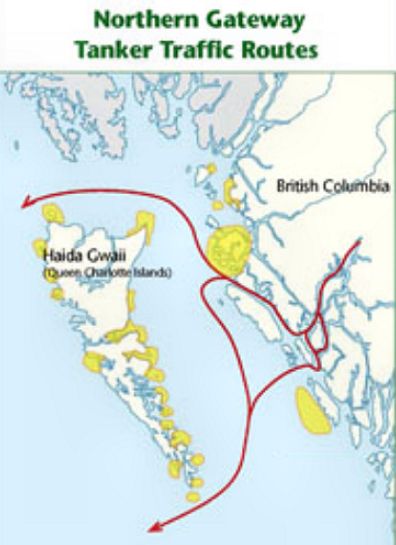Map of proposed Northern Gateway Oil Tanker Traffic routes going north and south of Haida Gwai from inland at Kitimat. 