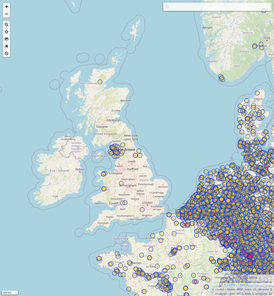 Screenshot of map showing UK and part of northern Europe with locations of e-bike chargers shown.