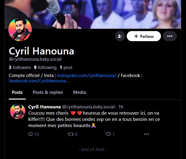 Profil BlueSky de Cyril Hanouna, garanti 100% nouilles dans le slip, fascisme, machisme et provoc mal placée.