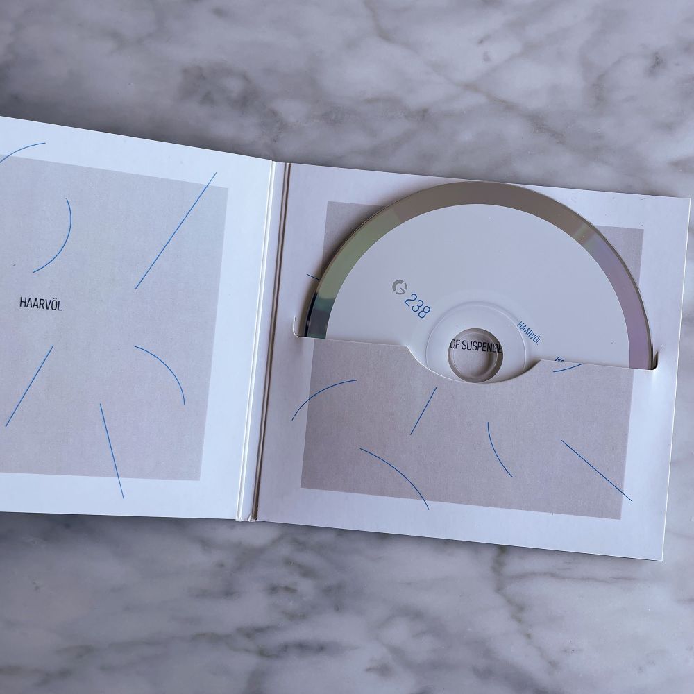 Photo of Haarvöl's CD packaging, open on a table and showing the disc inside.
