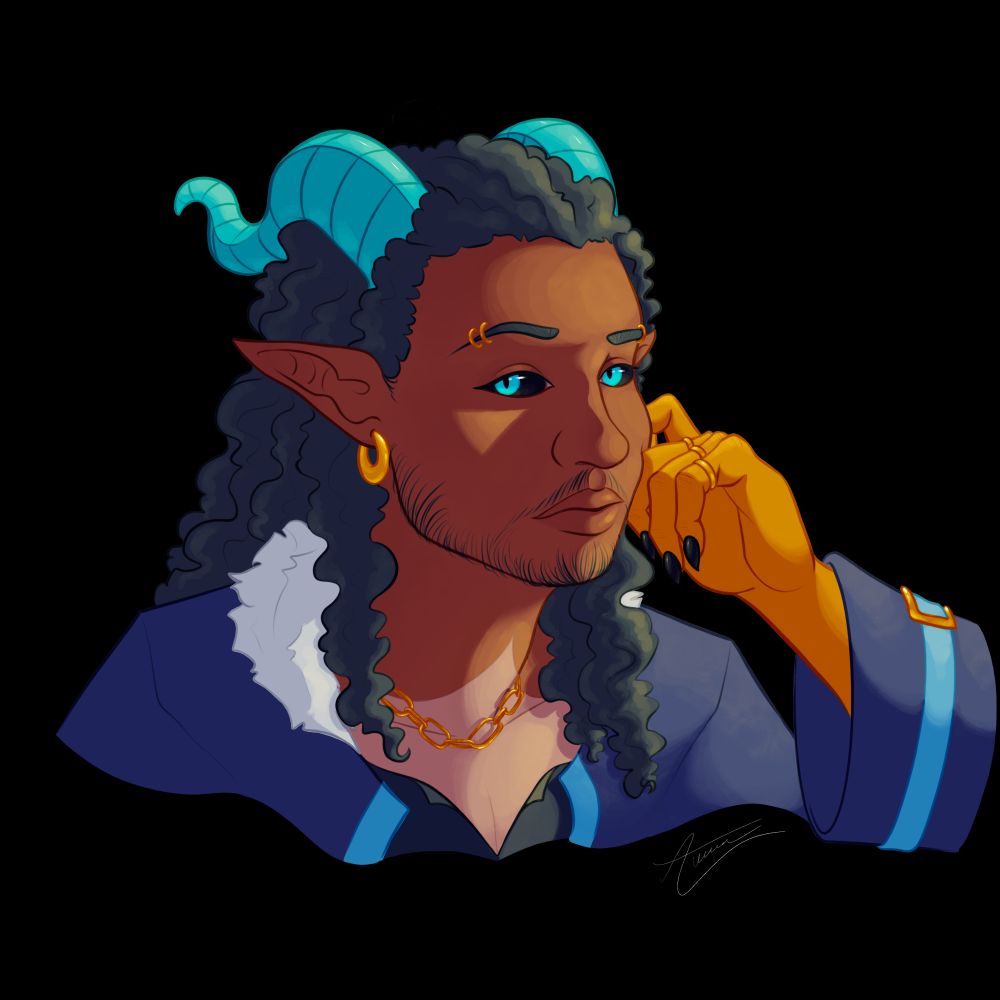 a bust drawing of someone's oc named taglar. he has brown skin, long dark hair and bright cyan horns. his sclerae are dark and his irises are cyan. he wears various gold jewelry. his hand is resting on his cheek as he looks towards the camera.