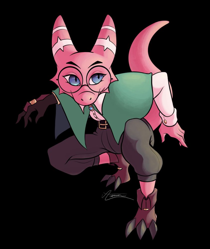 a drawing of a little pink kobold creature. she is crouched down. she wears big round glasses, a green cape, white under shirt and brown pants. she has a gauntlet on her right arm. 