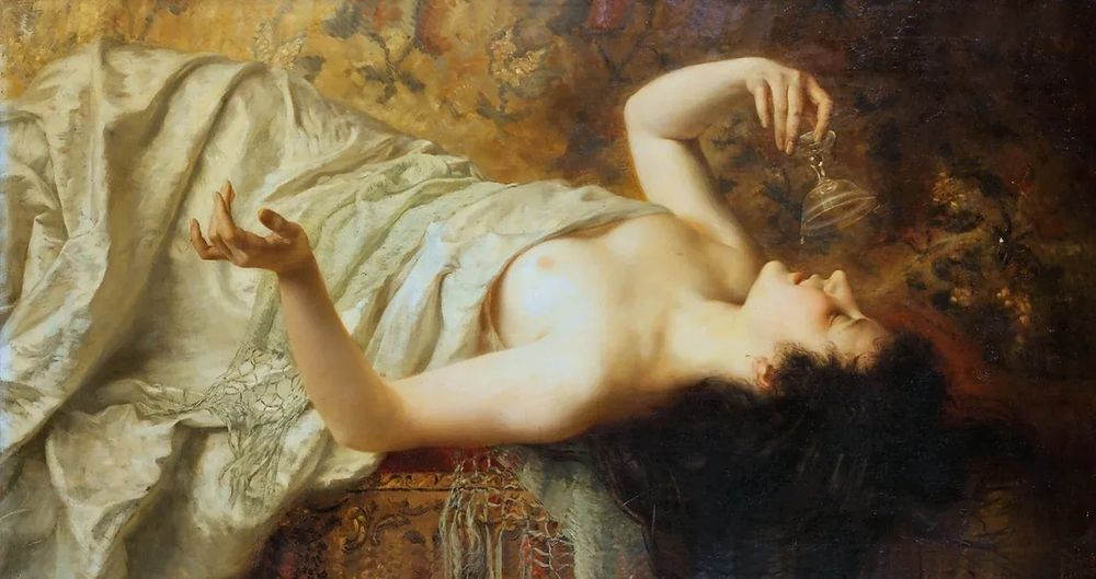 a painting by eduard büchler of which my drawing was referenced. it shows a pale woman with dark hair reclined, drinking the last bit of wine from a glass. her chest is bare, the rest of her is covered with a white blanket. 