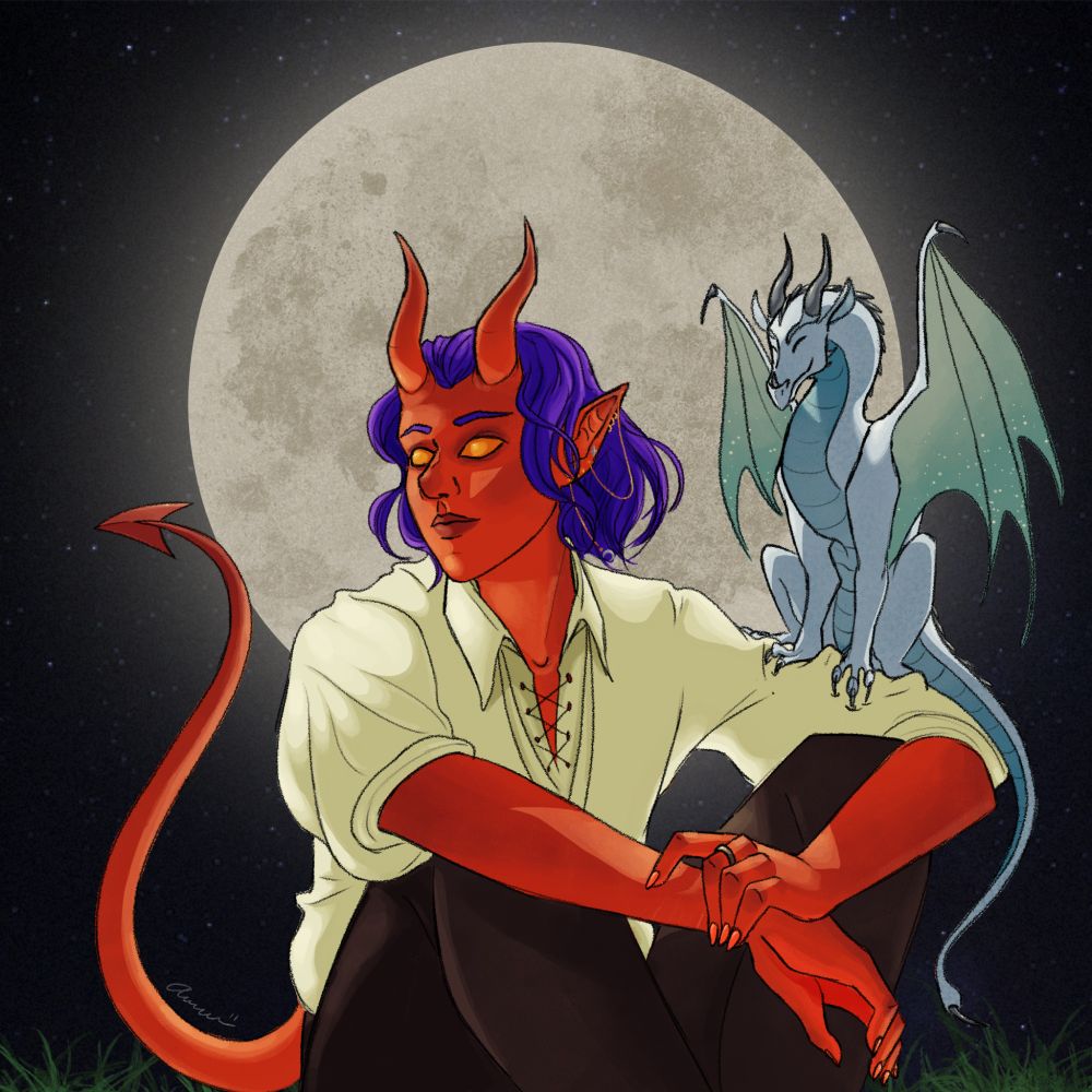 A bright orange tiefling with purple hair and solid, yellow eyes sits with his arms resting on his knees. He is glancing off to the side. He has horns and a tail. He has a small dragon familiar perched on his arm. The full moon sit directly behind him. 

This is my partner's dungeons and dragons character in a campaign that we're both players in. 