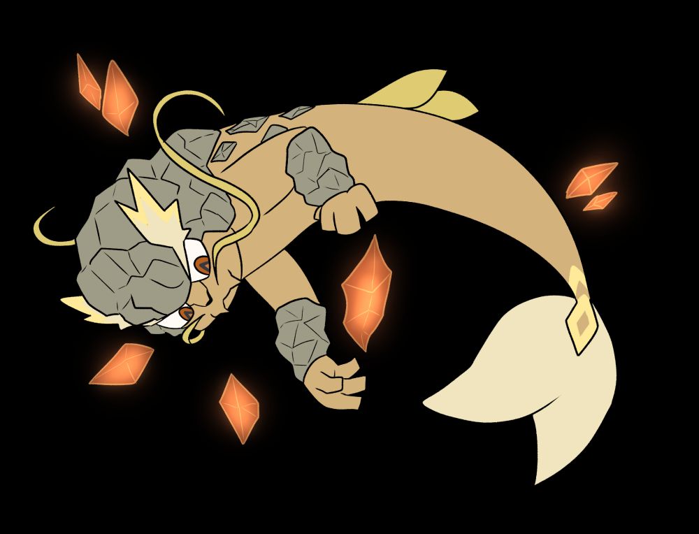 A brown catfish with his head, back and arms covered in stone.
Amber crystals float around him