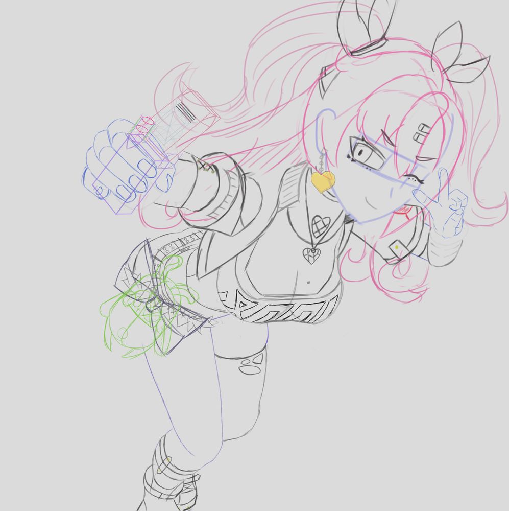 A colourful sketch of Nicole Demara from Zenless Zone Zero taking a selfie in a dynamic pose with her phone close to the viewer. She is winking and posing with a V/peace sign with her other hand, similar to a pose she pulls in her character intro video.