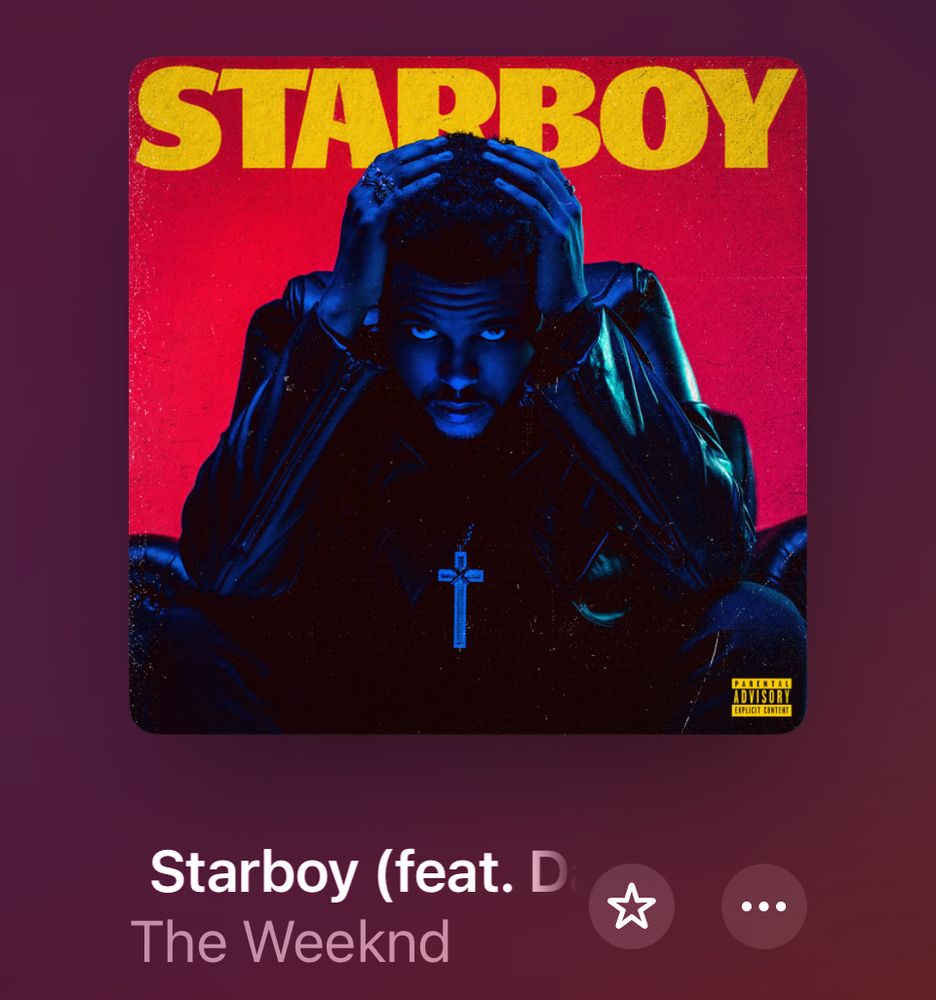 Cover art for Starboy by The Weeknd feat. Daft Punk. The Weeknd sits with his head in his hands in shadow against a bright red background, wearing a large silver cross around his neck