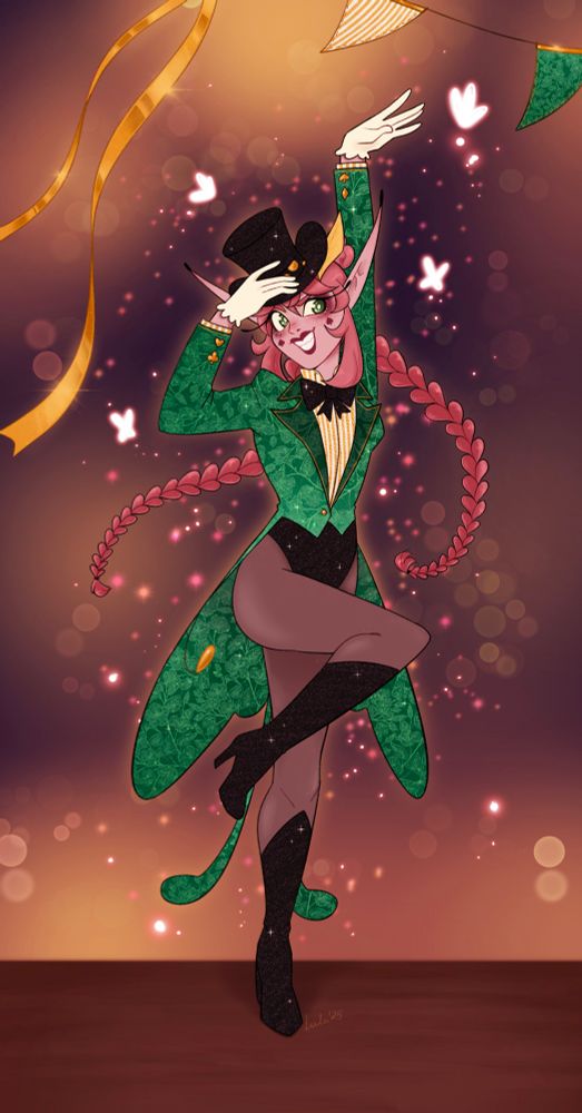 a spring eladrin elf with pink skin and hair in two buns and long braids. she’s wearing a green suit with plant patterns, black boots, a black bow tie, and a top hat! she’s posing flamboyantly on a stage with glowing lights and sparkles surrounding her. 