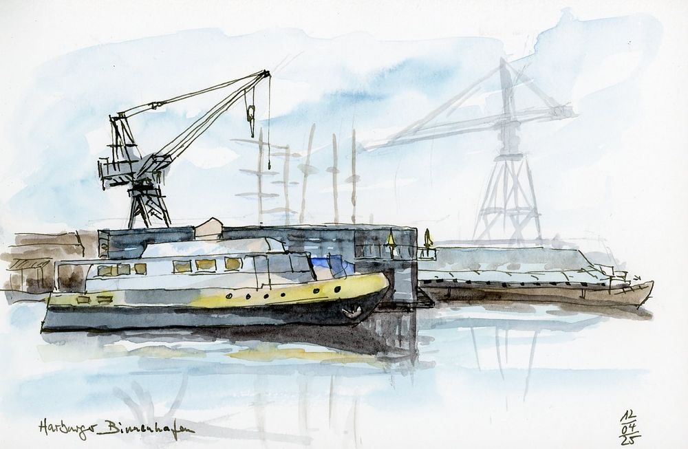 Hafenskizze mit Booten und mehreren Kranen im Hintergrund. 