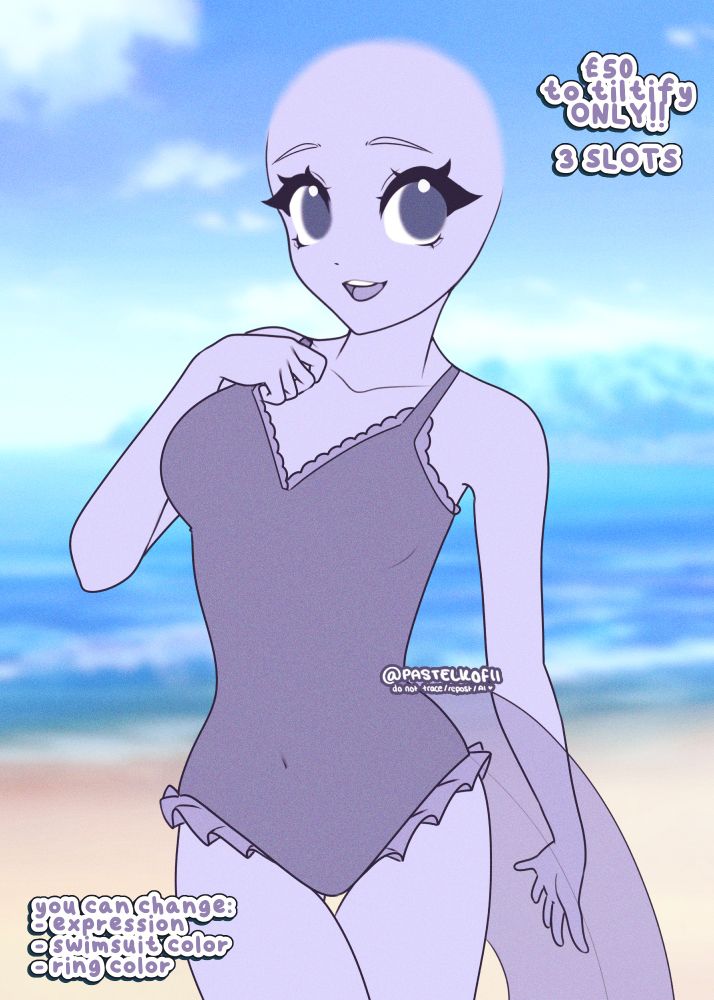 A 'your-character-here' style illustration that Kofi is offering as a reward to raise funds for the Gamers Outreach VTuber Summer Slam event. The base illustration features a slim, feminine character with a happy expression on their face. They are holding a swim ring against their leg, and they are wearing a swim suit with ruffles. 

Text from top to bottom reads "£50 to Tiltify ONLY!! - 3 SLOTS" / "@pastelkofii - do not trace, repost, (use with/train with) a!" / "you can change the expression, swimsuit/ring color" 

Art belongs to @pastelkofii and is not permitted for tracing, reposting or gena! use. 

